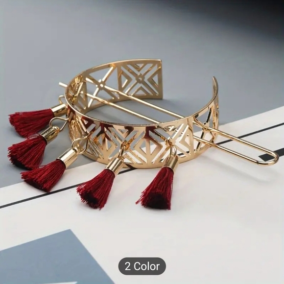 2pc Set Floral Hollow Boho Tassle Double Bun Holder - Picture 6 of 12